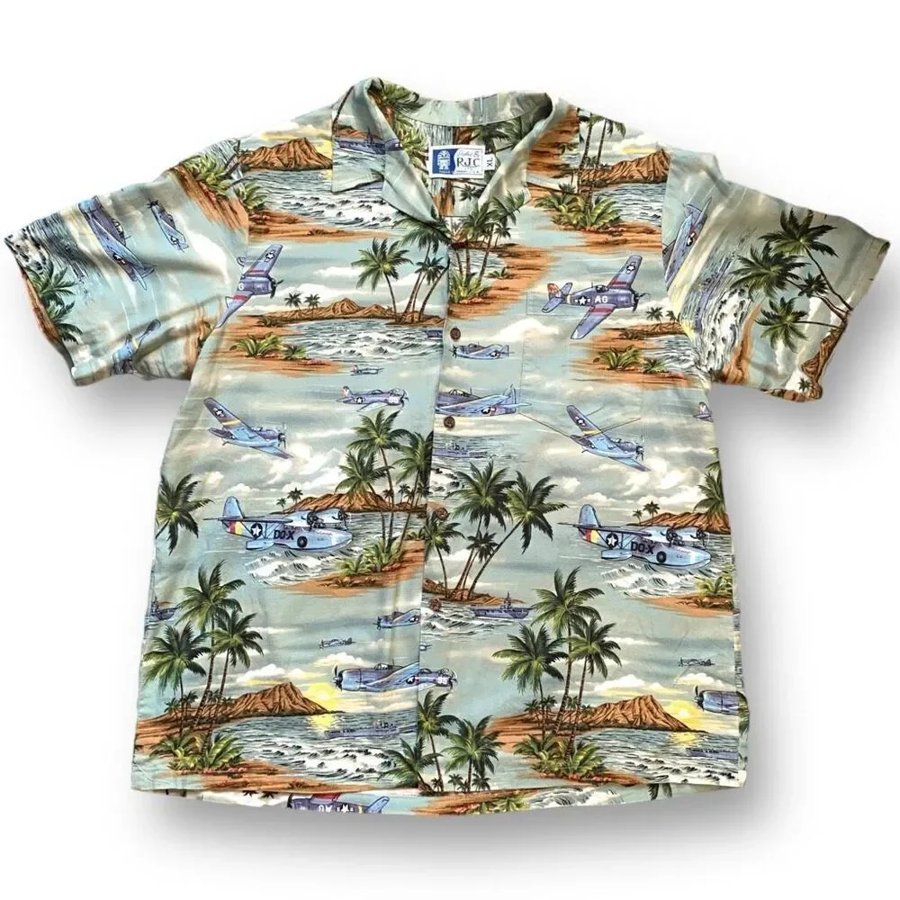 Vintage RJC Shirt Tropical Hawaiian Printed‎ Classic Airplane Green Boxy Camp XL